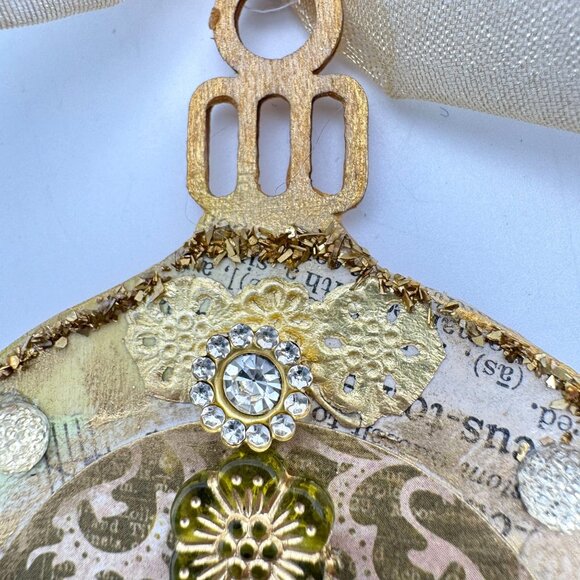 Handcrafted Ornament OOAK Collage Clear Crystal Gold Green Accents 3" Ribbon - Picture 4 of 11